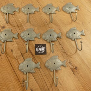 10 Cast Iron FISH Hooks, Coat Hooks, Hat, Towel, Sunfish, Nautical, Fishing Home Decor, Hall Tree Hooks - By Midwest Craft House