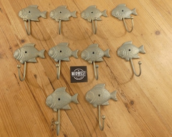 10 Cast Iron FISH Hooks, Coat Hooks, Hat, Towel, Sunfish, Nautical, Fishing Home Decor, Hall Tree Hooks - By Midwest Craft House