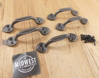 5 Cast Iron Drawer Pulls, Window Pulls, 4 1/2" Long, Cabinet Handles, Spade, Small, Antique Style, Natural Iron - By Midwest Craft House