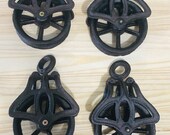 4 BARN PULLEYS, Rustic Cast Iron Hanging Cable, Pulley Wheel, Farmhouse Decor, Country, Barn