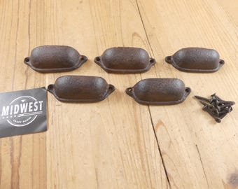Set Of Small 5 Cast Iron Drawer Pulls, Dark Rustic Brown Color, Cup Pulls, Cabinet Handles, Knobs- By Midwest Craft House