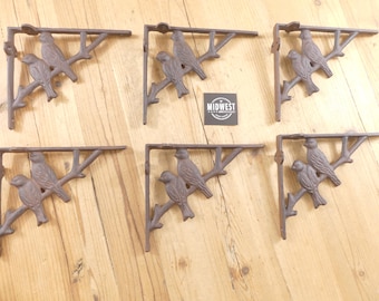 6 CAST IRON BRACKETS, Corbels, Birds, Bookshelf Brackets, 7" X 6", Rustic Brown Color, Modern Farmhouse - By Midwest Craft House