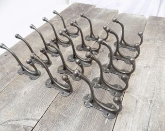 15 Iron Coat Hat Hooks Antique Style New Made To Look Vintage 3 3/4" Wall Double Restoration Vine Ornate Victorian Organization