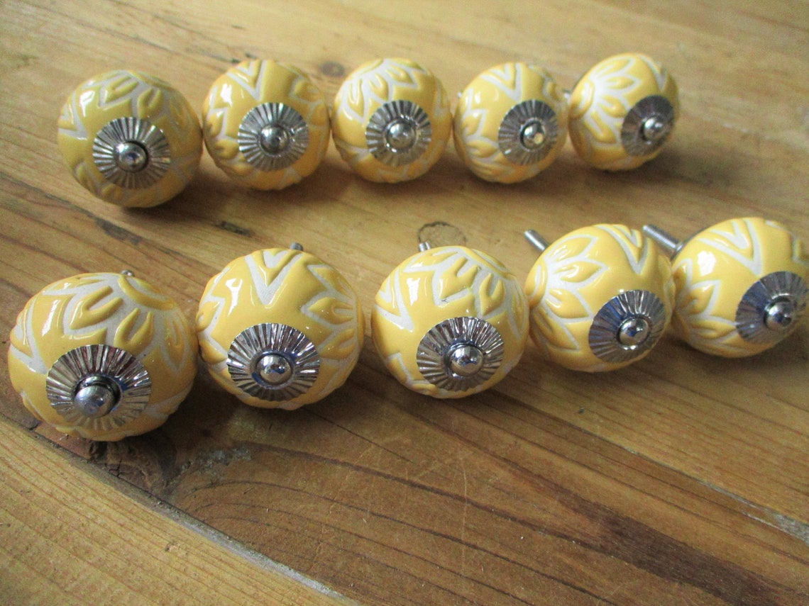 10 CERAMIC KNOBS Yellow Round Drawer Pulls Knobs Etsy