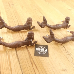 4 Cast Iron NAUTICAL MERMAID Drawer Pulls, Door Handles, Gate Pulls, Shed Handle, Cabinet Handle, Dresser - By Midwest Craft House