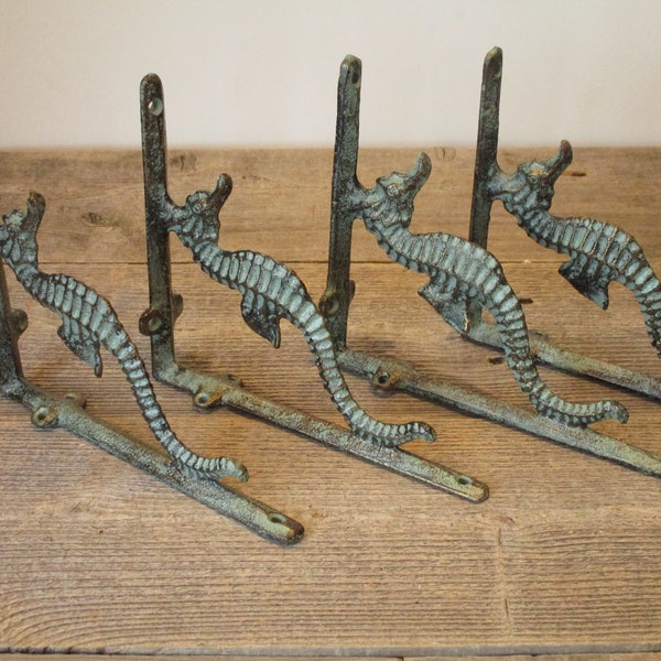 4 Cast Iron Nautical SEAHORSE Brackets Sea Horse Braces Shelf Bracket  Ship Ocean Cabin Fish Bathroom Kitchen Corbels