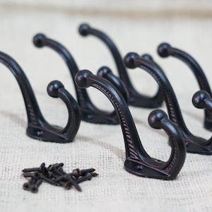 6 Cast Iron Black School Style Coat Hooks Hat Hook Rack Hall Tree Primitive Closet Home Decor Mud Room Tack