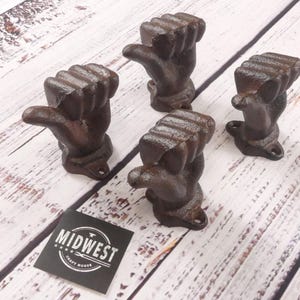 4 CAST IRON HANDS, Rustic Brown, Thumbs Up, Mounted Hooks, Door Knobs, Drawer Pull, Heavy Duty, Farmhouse, Handle - By Midwest Craft House