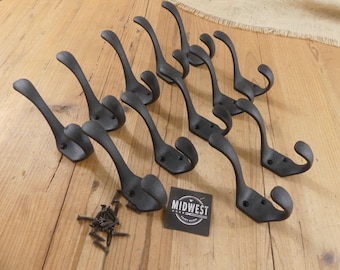 12 Cast Iron Black School Style Coat Hooks, Hat Hook, Hall Tree, Primitive, Mud Room - By Midwest Craft House