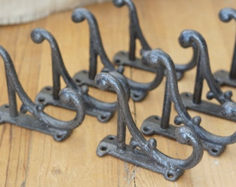 8 Brown Rustic Coat Hooks Cast Iron Antique Style New Made To Look Vintage 4.5" Wall Double Restoration Vine Ornate Victorian Brown