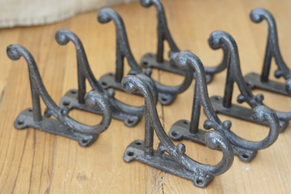 8 Brown Rustic Coat Hooks Cast Iron Antique Style New Made to Look Vintage  4.5 Wall Double Restoration Vine Ornate Victorian Brown 