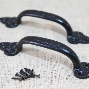 2 Large Handles, Cast Iron, Antique Style, Door Handles, Gate, Pull, Shed, Drawer Pulls, Black