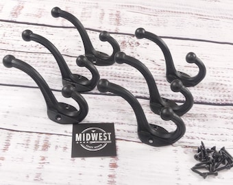 6 Cast Iron Black School Style Coat Hooks Hat Hook Rack Hall Tree Primitive Closet Home Decor Mud Room Tack - By Midwest Craft House