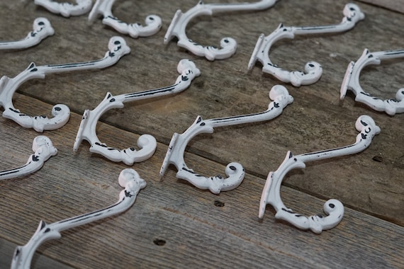Set of 12 Antique White, Cast Iron, Wall Mounted Hooks with Screws