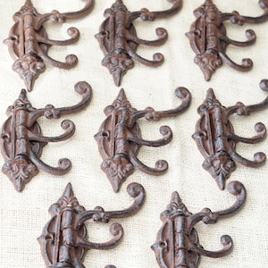 8 Brown Rustic Coat Hooks Cast Iron Antique Style New Made to Look Vintage  4.5 Wall Double Restoration Vine Ornate Victorian Brown 