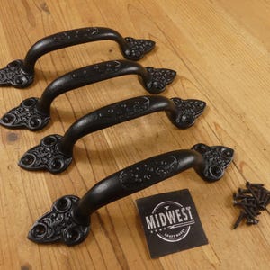 4 Large Handles, Cast Iron, Antique Style, Door Handles, Drawer Pulls, Black, Cabinet, Charcuterie Board Handle - By Midwest Craft House