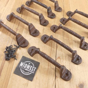 10 Cast Iron Handles, Door Pulls, 5 3/8" Long, Handles, Supply, Cabinet Pulls, Gate Handle, Drawer Pulls, W/ Screws - By Midwest Craft House
