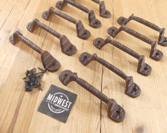 10 Cast Iron Handles, Door Pulls, 5 3/8" Long, Handles, Supply, Cabinet Pulls, Gate Handle, Drawer Pulls, W/ Screws - By Midwest Craft House