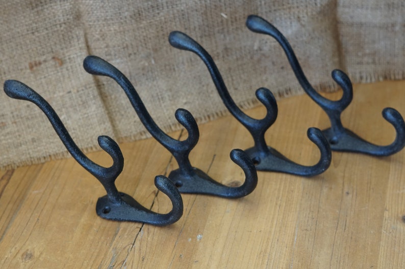 4 Cast Iron Black Hooks Coat Hat Hall Tree Rack Cabin Vintage Farm Ranch Hook Triple Hook image 1