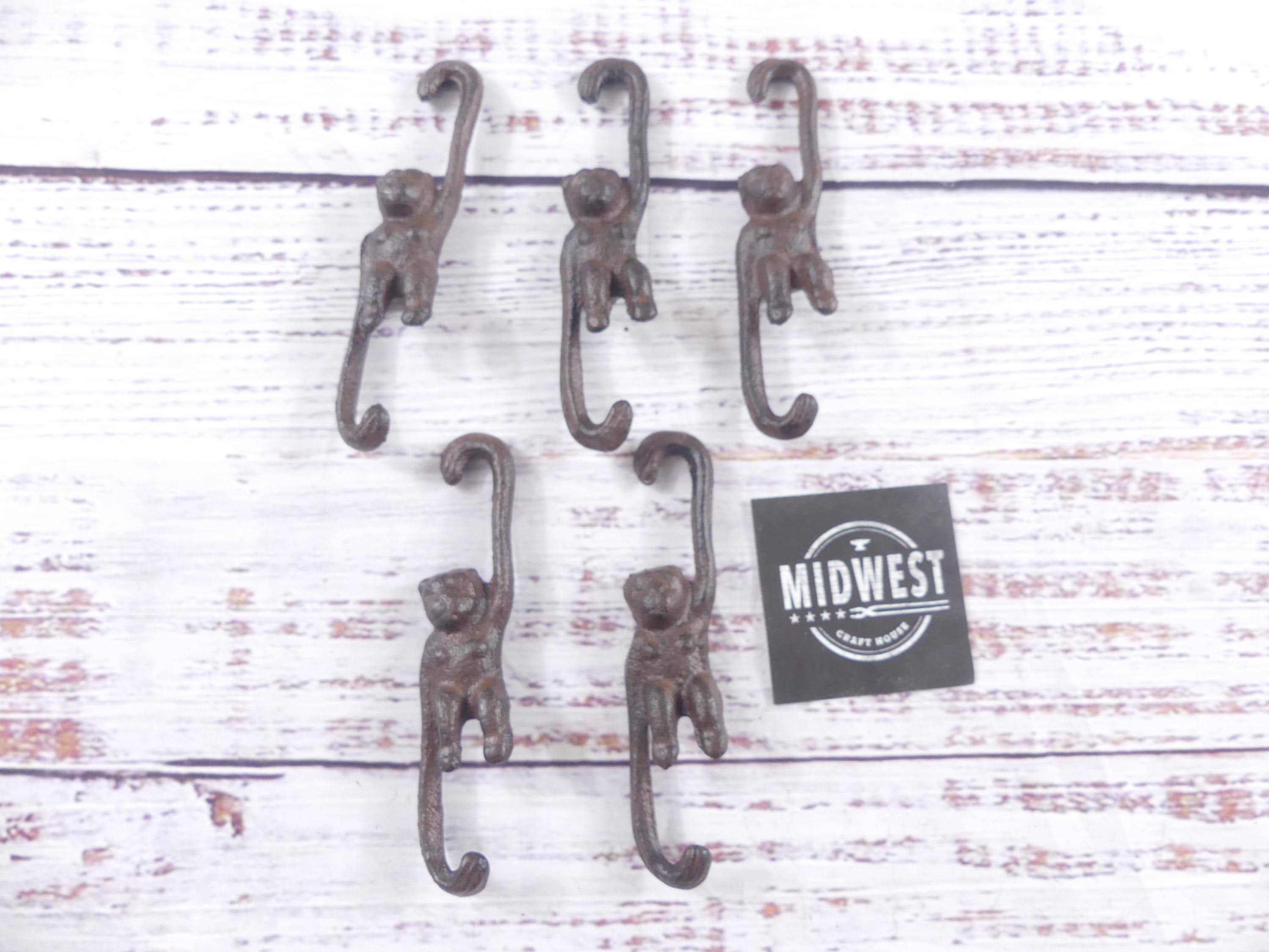 5 Small Cast Iron Monkey Plant Hooks, Garden Rustic Farmhouse Decor, Chain - By Midwest Craft House
