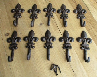 10 Fleur De Lis Hooks Rustic Cast Iron Wall Vintage Coat  Victorian French 5 1/8"
