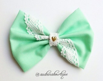 RESERVED - Gloria - Mint Lace Gold Heart Baby Girls Bow Hair Alligator Clip
