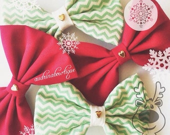Christmas Xmas Festive Green Chevron White Ruby Red Gold Heart Cute Baby Girls School Bow Hair Alligator Clip Set Pack (2pk)