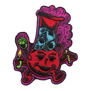 May include: A red, blue, and green embroidered patch of a cartoon bong with a smiling face, wearing a hat, and holding a lighter and a joint.