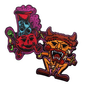 May include: Two embroidered patches, one depicting a red cartoon bong with a smiling face and the other a cartoon orange monster with a toothy grin.