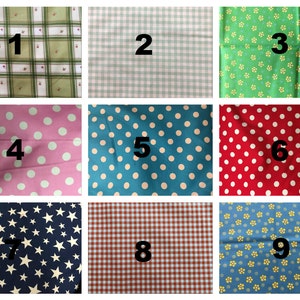 May include: Nine fabric swatches with different patterns. The swatches are numbered 1 through 9. The patterns include plaid, gingham, polka dots, stars, and floral.