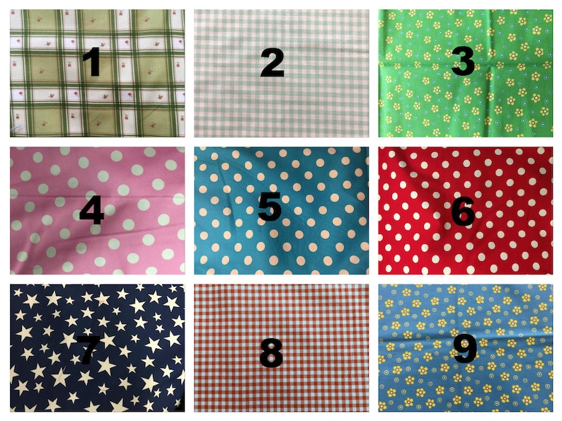 May include: Nine fabric swatches with different patterns. The swatches are numbered 1 through 9. The patterns include plaid, gingham, polka dots, stars, and floral.