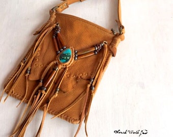 bohemian,Hippie,tribal,gypsy,Deer skin, Leather Bag with Turquoise stone,Belly dance,NomadWorld