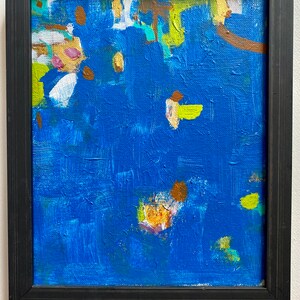 Original Framed Blue Abstract Acrylic Painting with Green Accents on 8&quot;x10&quot; Stretched Canvas by Artist Megan Watkins