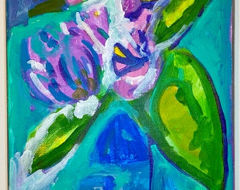 Unframed originial abstract flower acrylic painting on 8"x10" stretched canvas by artist Megan Watkins