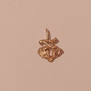 May include: A gold-colored pendant in the shape of a grapevine with leaves and a cluster of grapes.