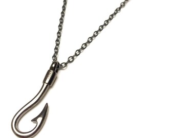 Men's hook long necklace with blue beads and matte gunmetal chain