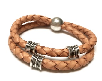 Men's light brown leather wrap bracelet with magnetic clasp