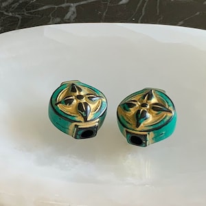 Green Black Gold Flower Disc Bead Italian Black Floral Large Hole Acrylic Bead 26x23x15mm (2 beads) 35V11