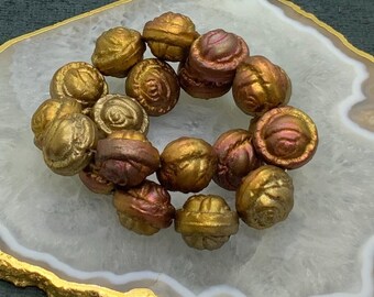 Pink Gold Metallic Rose Czech Glass Beads Pink Gold Flower Czech Beads 18mm (1/4 beads) 35V1