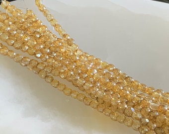 Perles tchèques rondes facettées en verre lustrées jaunes transparentes, polies au feu jaunes, cristal 4 mm (1 fil/30 perles) 187V9