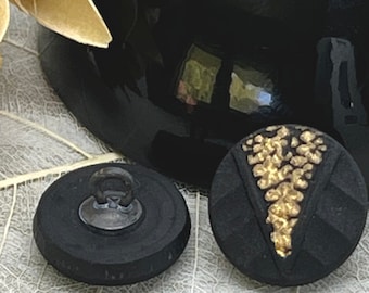 Black Gold Floral Czech Glass Button Round Black Gold Flowers Czech Buttons 13mm (1 button) 1V19