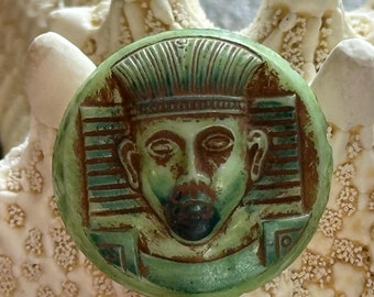 Vintage Green Glass King Tut Cameo | Pharaoh Egyptian Revival Cabochon | 24mm (1 piece) ERC-016