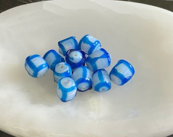 Vintage Japanese Blue Decor White Opal Swirled Glass Barrel Glass Beads Blue White Barrel Beads 14x12mm (2/4 beads) 2V11