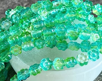 Aqua Hibiscus Floral Czech Glass Beads Blue Mix Hawaiian Flower Czech Beads 6mm (10/25 beads) 95V1