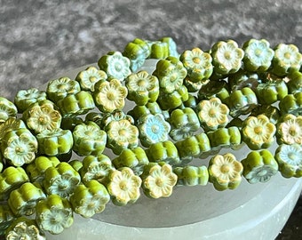 Green Hawaiian Czech Glass Beads Green Mix Hibiscus Flower Czech Beads 6mm (10/25 beads) 96V1