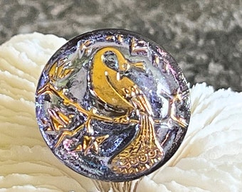 Blue Lavender Vitrail Gold Peacock Czech Glass Buttons Bird Glass Button 23mm (1 button) 106V19