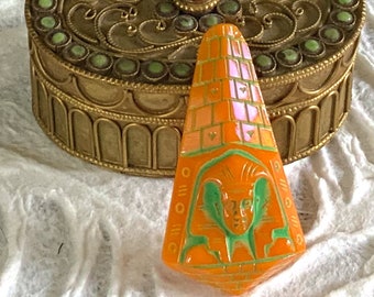 Vintage Orange Green Revival Glass King Tut Cameo Pharaoh Stone Cabochon 44x19mm (1 piece) 365V10