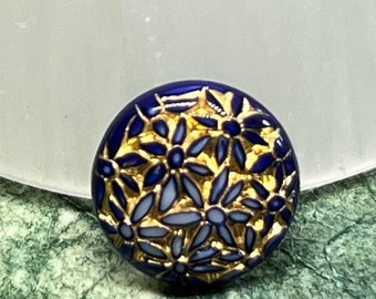 Vintage Blue Gold Floral Cabochon Blue Gold Flatback Vintage Floral Glass Stone 15mm (1 piece) 366V10