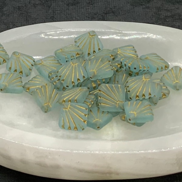 Blue Gold Art Deco Fan Czech Glass Beads Blue Gold Matte Art Deco Fan Czech Beads 17mm (2/4/8/10 beads) 59V6