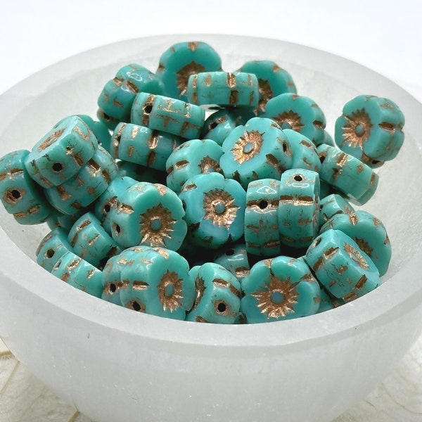Czech Glass Turquoise Flower Beads | Tropical Beauty for Jewelry Making | Table Cut Pack of Flowers | Hawaiian Vibes | (8mm/15 beads) 119V1